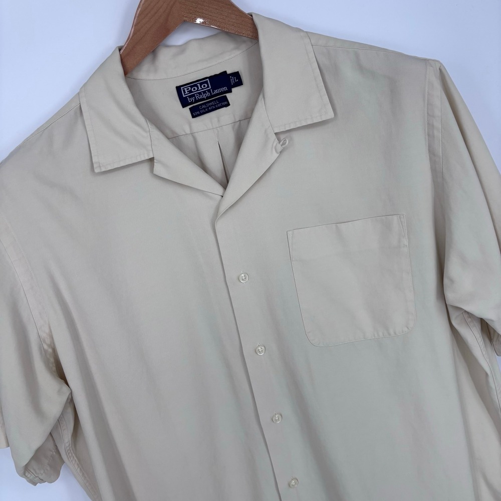 VTG 90s Polo Ralph Lauren Caldwell Camp Shirt Mens L Tan Silk Cotton Loop Collar
